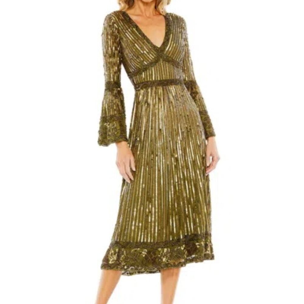 Mac Duggal Olive Green Embellished 3/4 Sleeve V-Neck A-Line Dress